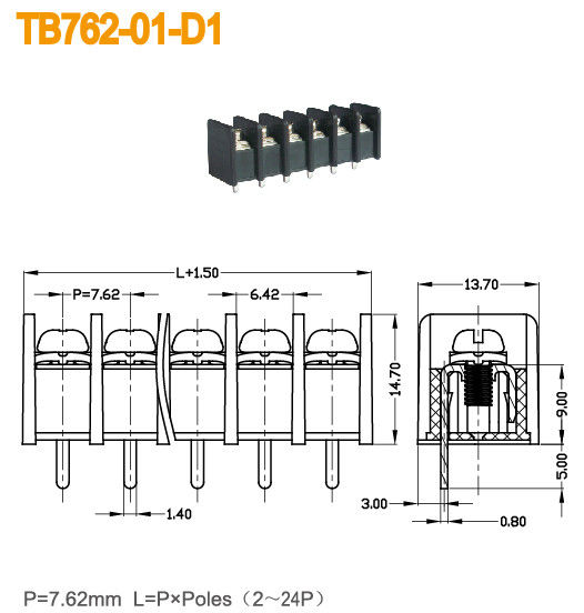 Connettore d'ottone del terminale del PWB del passo 15A 2-24 Pali del blocchetto terminali 7.62mm della barriera di PBT