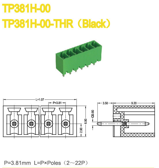 Il passo maschio 3.81mm della parte tappa in plastica di verde del blocchetto terminali 2-24 Pali