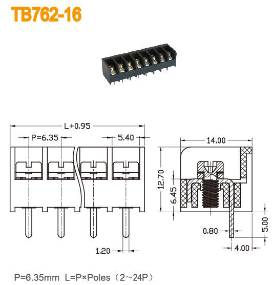 Ottone UL94 V0 del passo 300V 15A del blocchetto terminali 6.35mm della barriera di PBT