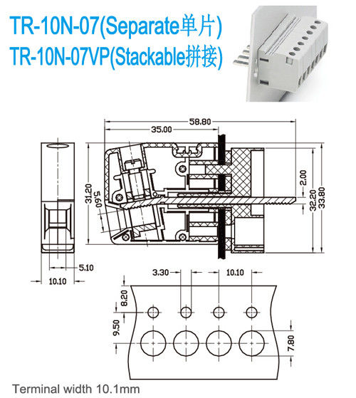 Alimentazione d'ottone di UL94-V0 300V 65A con la larghezza dei blocchetti terminali M4 PA66 10.1mm
