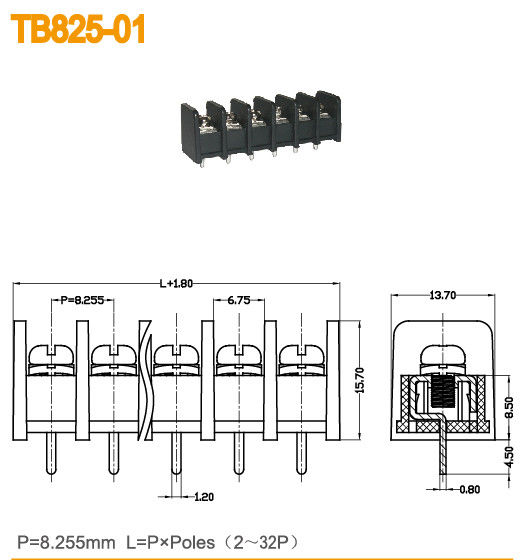 M3 plastica dei pali PBT del blocchetto terminali 2-32 della barriera del passo della vite 8.255mm