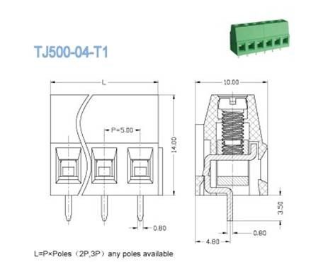 ottone 300V 2-28 Pali di verde PA66 dei connettori 10A del blocchetto terminali del PWB di 5.0mm