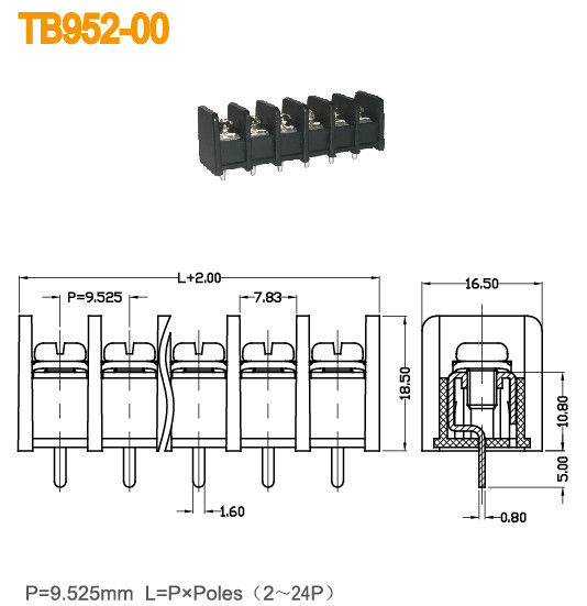 Blocchetti terminali neri d'ottone del PWB UL94-V0 20A/passo vite 9.525mm di 300V M4