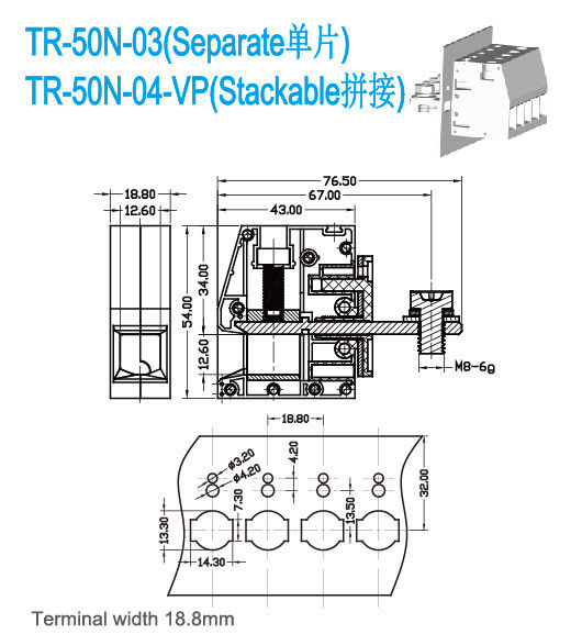 alimentazione 150A con la larghezza terminale della vite 18.8mm dell'AWG M6 dei blocchetti terminali 600V 6-1/0