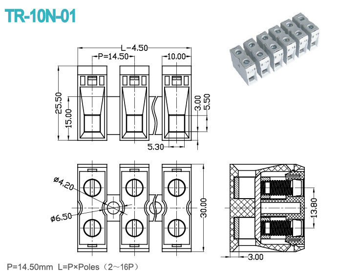 Blocchetto di connettore terminale del passo 14.5mm 2-16 Pali 600V 65A PA66