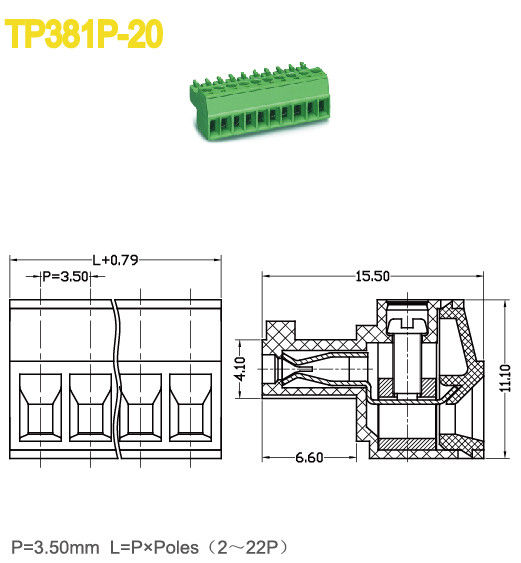 PA66 femmina innestabile connettore morsettiera passo 3,5 mm 300 V 8 A 2-22 pali