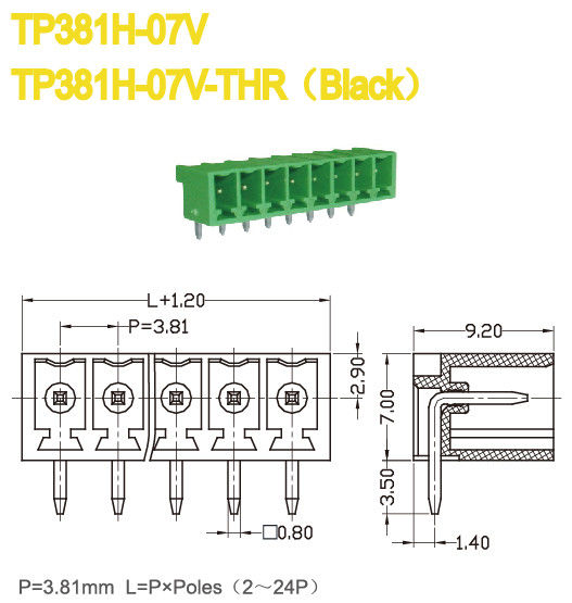 Maschii d'ottone inseriscono il passo 300V/8A 2-24P dell'angolo retto 3.81mm del blocchetto terminali