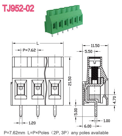 Passo M3 300V 30A PA66 del blocchetto terminali della vite del PWB dell'ottone della classe UL94-V0 7.62mm