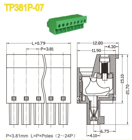 3.81mm Piattaforma in blocco terminale Parti femminili 300V 10A Colore verde