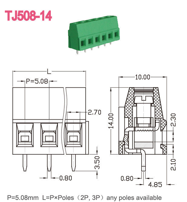 Colore verde 5.08mm Pitch PCB Vite Morsettiera 300V 10A M3 2-24 Pali