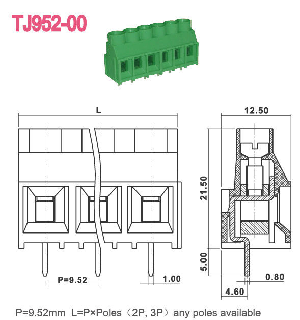Blocchetto terminali 300V 30A 2-16 Pali del PWB della vite 9.52mm di M3 di colore verde