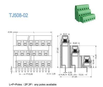 Il triplo livella il blocchetto terminali della vite del supporto del PWB che alza l'ottone del passo di serie 5.08mm
