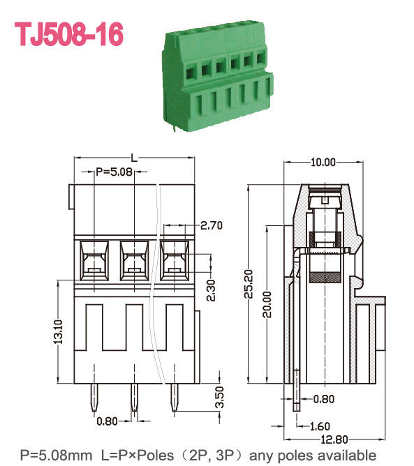 Lunghezza di spogliatura verde 12-26AWG della vite 6-7mm del connettore 300V/10A M3 del blocchetto terminali
