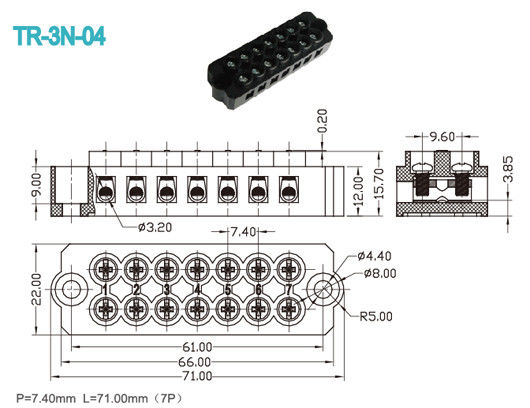 7 Pali inseriscono vite d'ottone M3 dell'AWG del nero 300V/20A 12-16 del connettore del blocchetto terminali