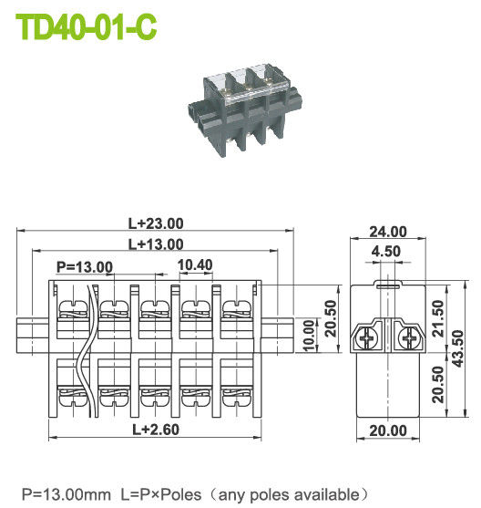 ottone PBT della vite M5 del passo 13mm di perforazione del connettore del blocchetto terminali di potere del supporto del pannello 40A
