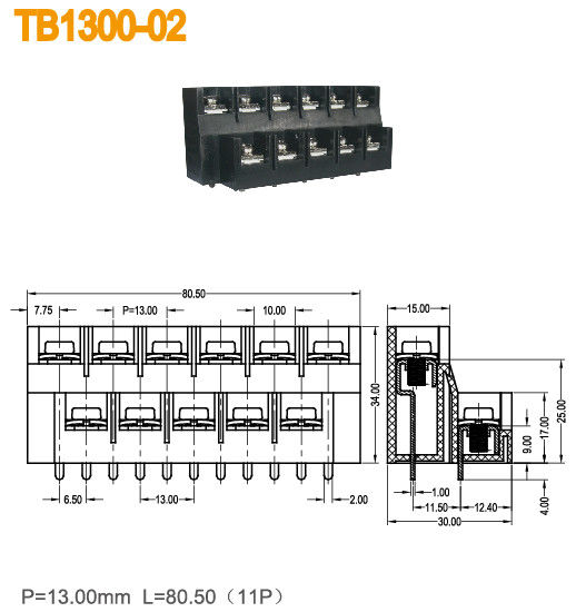 2 file di blocco terminale di barriera di tipo americano 600V/40A 11 poli 13mm di ottone