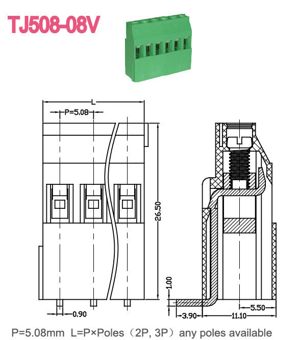 Euro tipo ottone a vite del passo di verde 5.08mm del blocchetto terminali 300V 15A del PWB