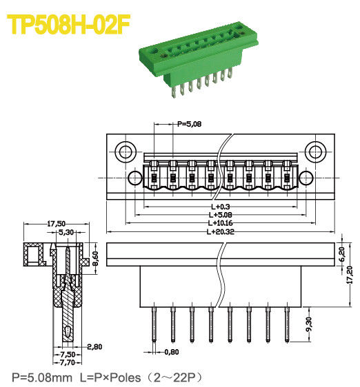 L'intestazione maschio verde inserisce il blocchetto terminali con gli incavi 18A PA66 2-22 Pali della flangia 5.08mm