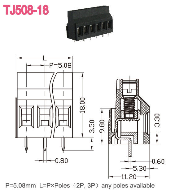 Euro d'ottone nero del blocchetto terminali della vite del PWB che solleva tipo AWG di serie 300V 10A 12-24