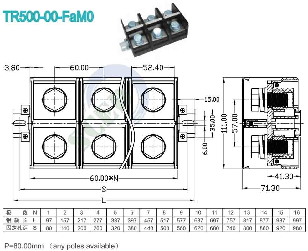 60.00mm 600V PC UL94 M16 Blocchi terminali per il controllo industriale