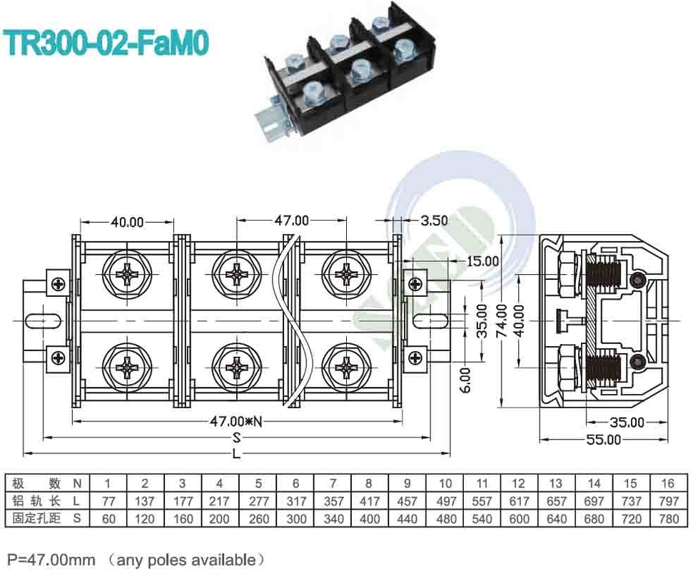 Blocco terminale di montaggio del pannello PCB 47.00mm 600V 300A PC connettore terminale a vite nera