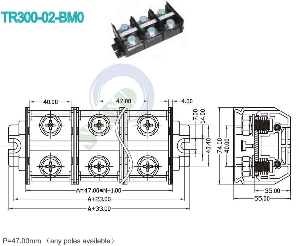 300A Ferrovia terminale blocco 47,0 mm 600V nero PC materiale connettore a vite