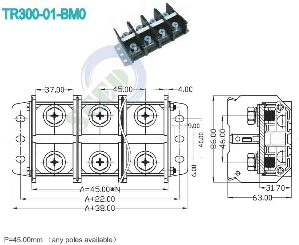 600V 300A Blocco terminale ad alta corrente Alta tensione 45.00mm connettore terminale elettrico
