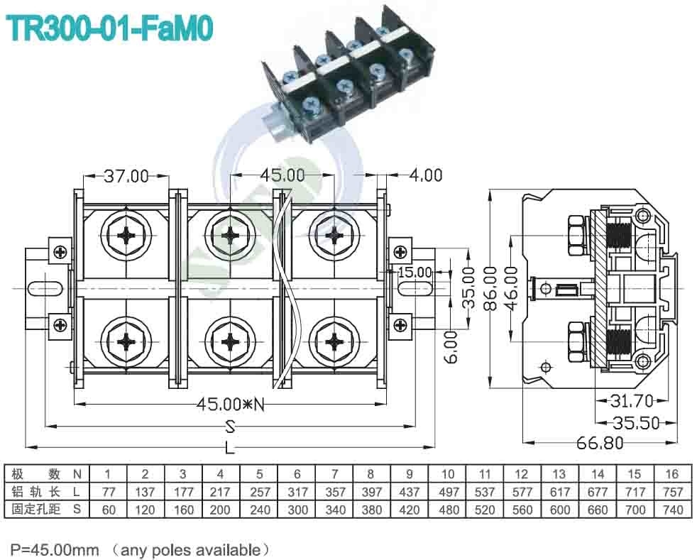 45.00mm Pitch Panel High Current PC Terminal Block 4P Connettore a vite di alimentazione nera