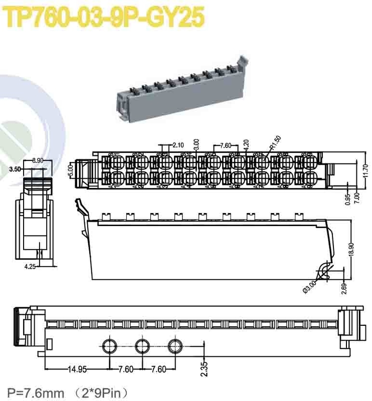 Femminile connettore di blocco terminale in fiocco 7.6mm passo 150V 8A 2*9 poli PA66