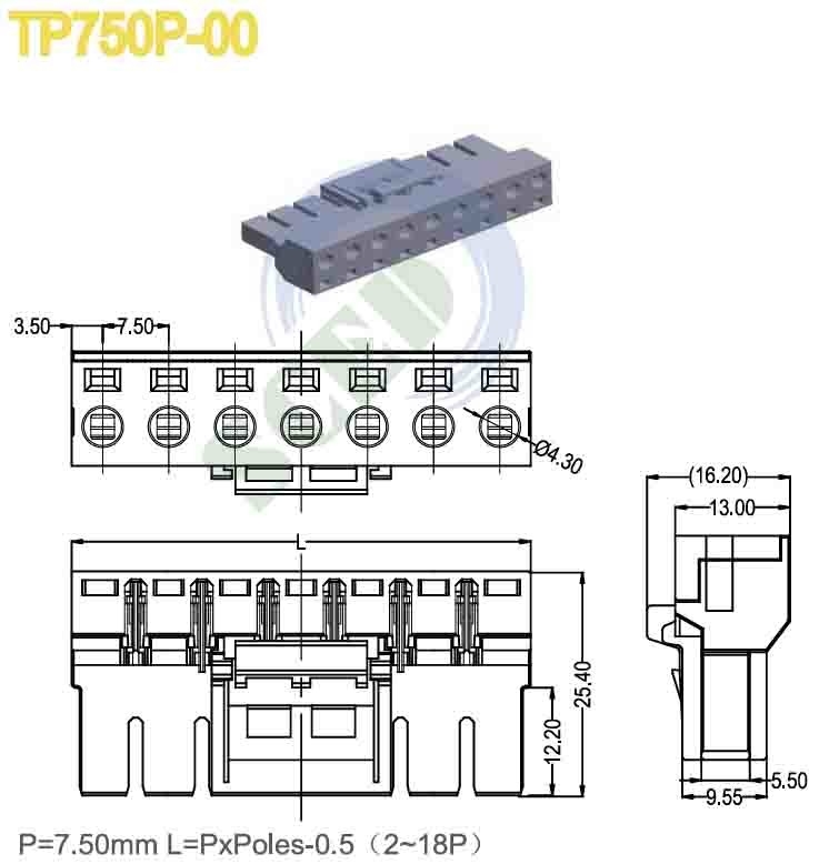 PA66 Plastico grigio connettore di blocco terminale in fiocco 7.5mm Pitch 300V 16A 2-18 poli