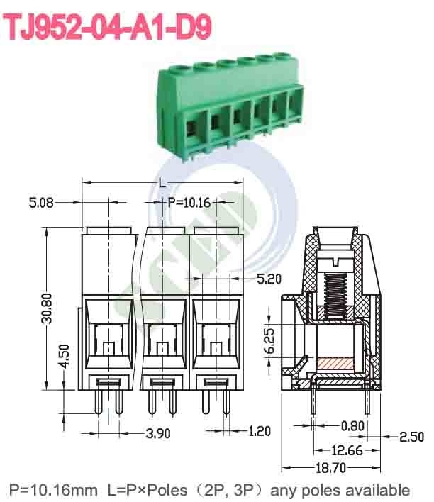 10.16mm 57A blocco terminale PCB verde ottone PA66 placcato al nichel