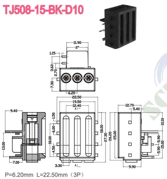 300V 15A 6,2 mm connettore di blocco terminale per PCB con vite M3 e placcatura in stagno