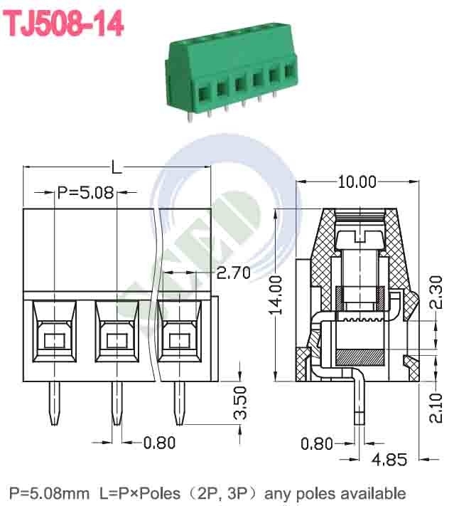 Verde 5,08 mm 300V 10A PA66 PCB Terminal Block Euro Tipo per controllo automatico