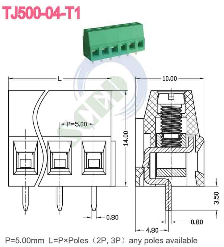300V 10A M3 vite 12-26 AWG connettore di blocco terminale PA66 materiale isolante verde 5.08mm spaziatura