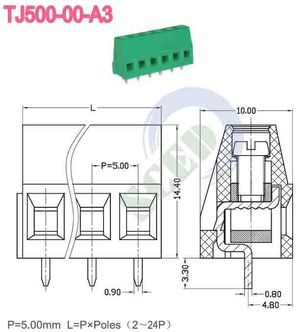Pitch 5.00mm 300v PCB Terminal Block 10A 2P-24P angolo retto cavo di ingresso 12-26 AWG