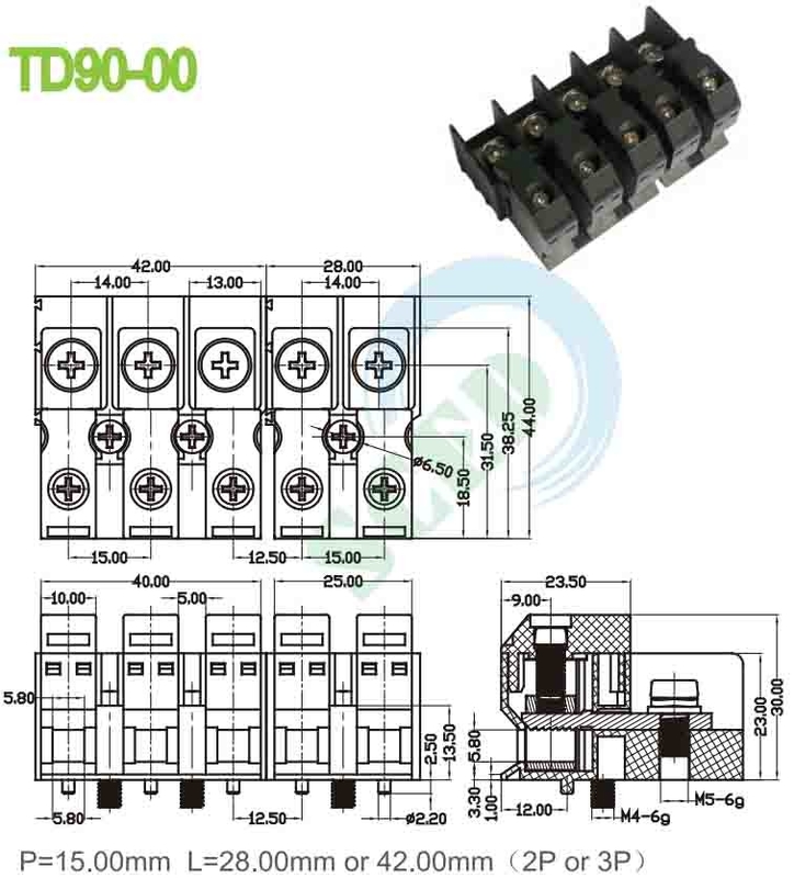 Alimentazione attraverso 90A 600V PA66 M5 blocco terminale di perforazione 15.00mm 4-20 AWG